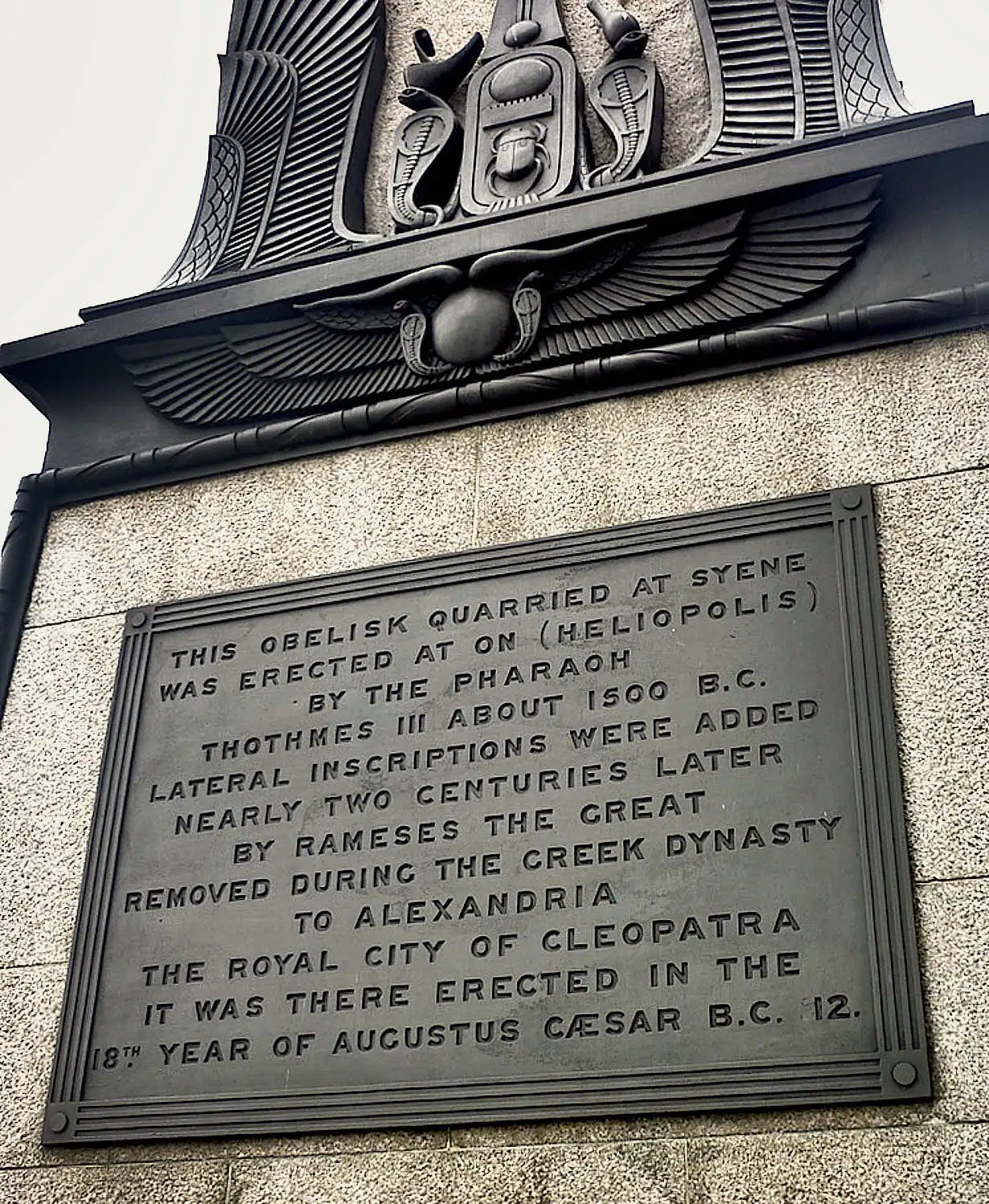 Plaque describing the early history of Cleopatra’s Needle