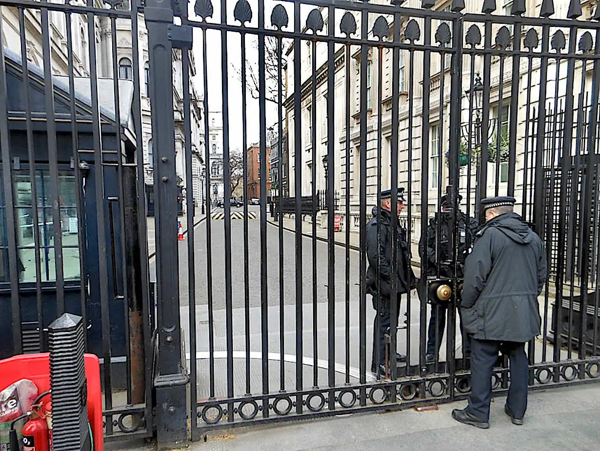 View of No.10 from behind the Downing Street gates