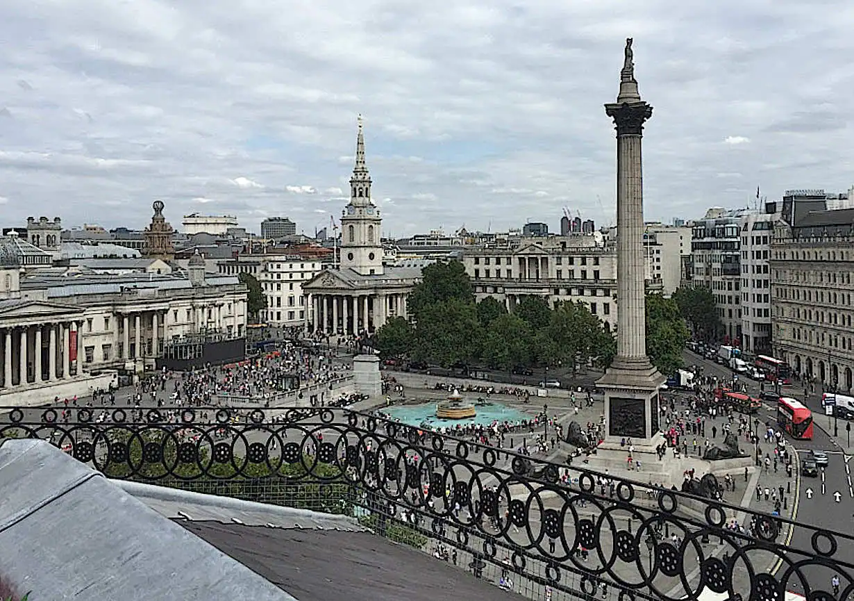 View from the rooftop bar overlooking Trafalgar Square and Nelson’s Column