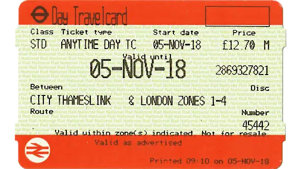 Travelcard printed on orange National Rail paper